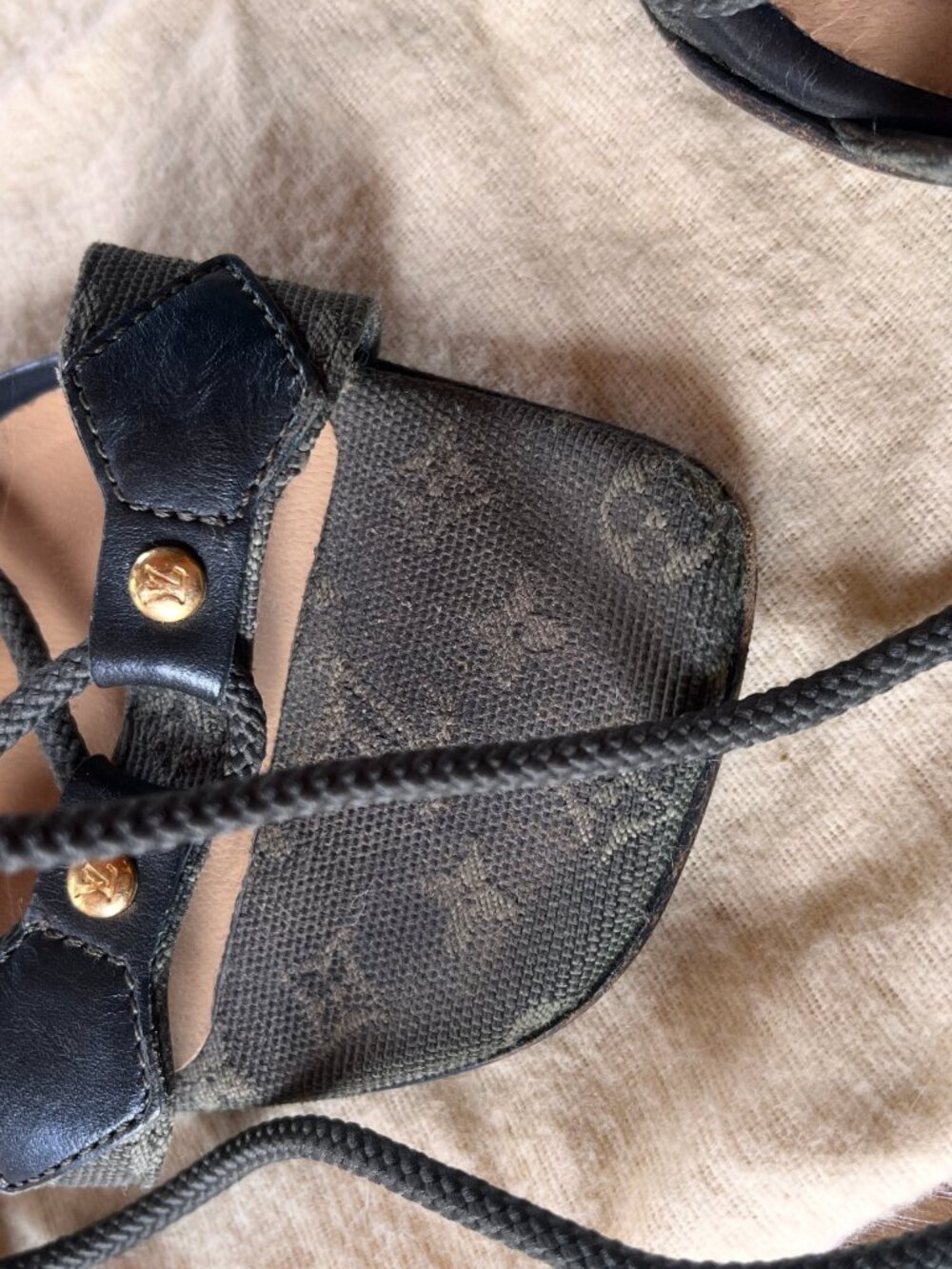Louis Vuitton Monogram Lace Up Heeled Sandals Size 37 Brown Canvas Wedge Heels - Picture 8 of 8